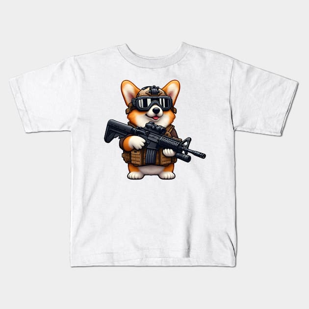 Tactical Corgi Kids T-Shirt by Rawlifegraphic